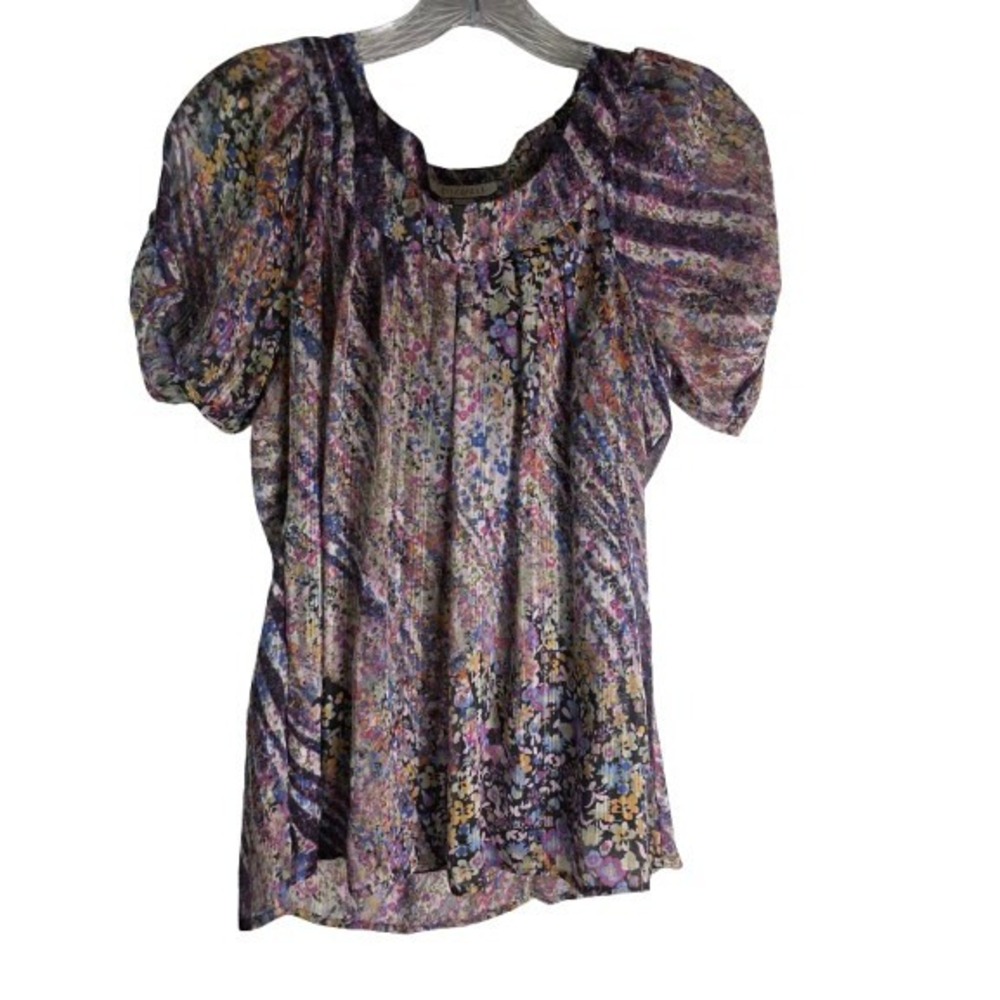 Roz & Ali Blouse Womens Small Multicolor Floral‎ Metallic Stripe Puff Sleeve Top